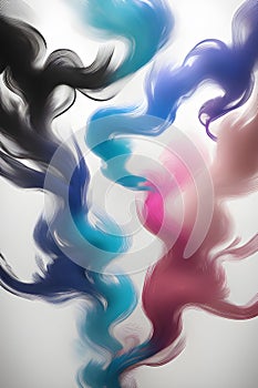 a singular intricately flowing different colored smoke stream against either a black or white background.