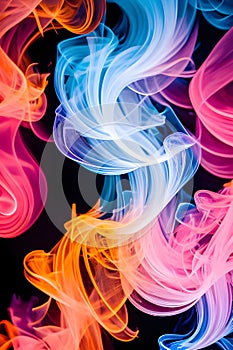 a singular intricately flowing different colored smoke stream against either a black or white background.