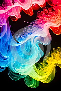 a singular intricately flowing different colored smoke stream against either a black or white background.