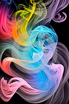 a singular intricately flowing different colored smoke stream against either a black or white background.