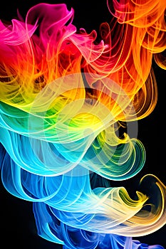 a singular intricately flowing different colored smoke stream against either a black or white background.