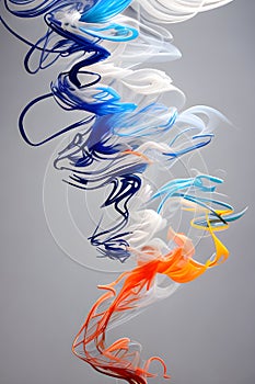 a singular intricately flowing different colored smoke stream against either a black or white background.