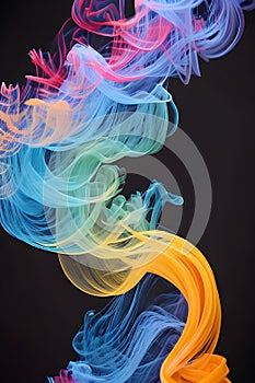 a singular intricately flowing different colored smoke stream against either a black or white background.