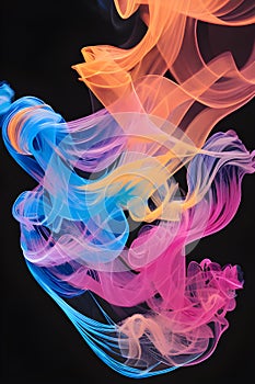 a singular intricately flowing different colored smoke stream against either a black or white background.