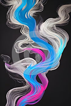 a singular intricately flowing different colored smoke stream against either a black or white background.