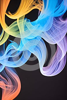 a singular intricately flowing different colored smoke stream against either a black or white background.