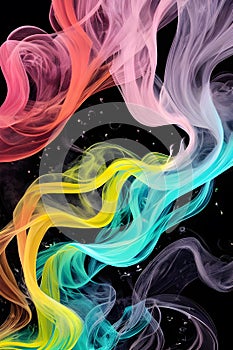 a singular intricately flowing different colored smoke stream against either a black or white background.