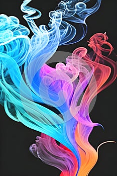 a singular intricately flowing different colored smoke stream against either a black or white background.