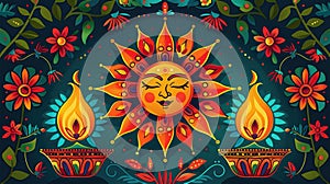 A Sinhala New Year greeting card featuring traditional motifs such as the sun, representing the dawn of a new year, and