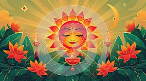 A Sinhala New Year greeting card featuring traditional motifs such as the sun, representing the dawn of a new year, and