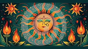 A Sinhala New Year greeting card featuring traditional motifs such as the sun, representing the dawn of a new year, and