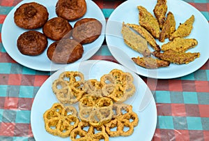 Sinhala and Tamil New Year celebration table with traditional sweets closeup overhead shot