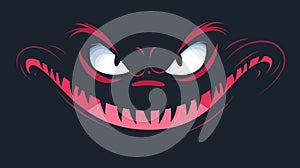 Sinister cartoon creature grinning malevolently against dark background. Menacing eyes sharp teeth