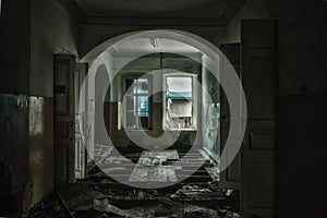 Sinister and creepy interior of abandoned and rotten hospital