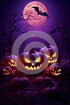 Sinister grins of Halloween Jack-o'-lantern pumpkins among terrible violet forest with pink moon.