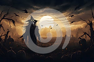 a sinister Halloween vector background with a haunted cornfield, scarecrows, and a foreboding storm, Generated AI