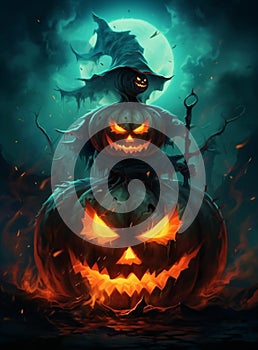 Sinister Scarecrow with Menacing Halloween Pumpkin in a Dark Night Bathed in Moonlight AI generated