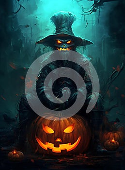 Sinister Scarecrow with Menacing Halloween Pumpkin in a Dark Night Bathed in Moonlight AI generated