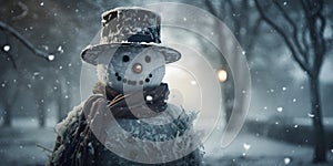 A sinister snowman surrounded by a dark winter wonderland intimidating viewers. Concept Snowman Horror, Dark Winter Scene,