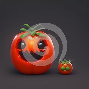 A sinister tomato with frightening eyes and jagged teeth, similar to a Halloween jack-o& x27;-lantern. AI generated