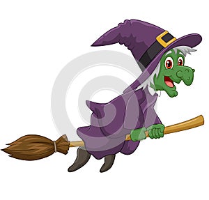 Sinister witch was riding broomstick on white background