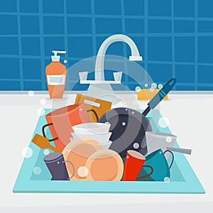 Sink with clean kitchenware and dishes, utencil and sponge.