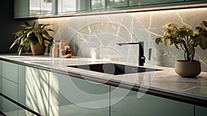 Sink detail shot in a luxury kitchen with marble countertop and faucet