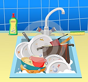 Sink with dirty dishes. Flat style illustration