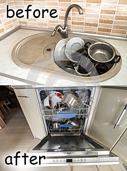 Sink with dirty kitchenware, utensils and dishes. Open dishwasher with clean dishes. Improvement, easy, comfort life and progress