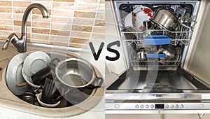 Sink with dirty kitchenware, utensils and dishes. Open dishwasher with clean dishes. Improvement, easy, comfort life and progress