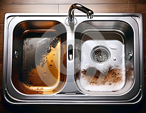 A sink divided into a shiny, freshly cleaned side versus a limescale-covered, grimy side emphasizing contrast