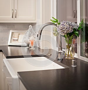 Sink with flower arrangement in new home