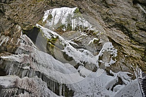 Sink-hole entrace with stalactites at the entrance the Scarisoara cave, Romania