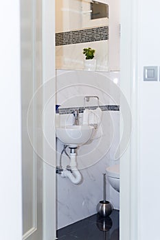 Sink, Tap, Towels and Bathroom Set. Modern Bathroom Interior Design