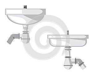 A sink with water drain and plastic pipe isolated on white background, a  stock illustration with set of sinks and pipes for