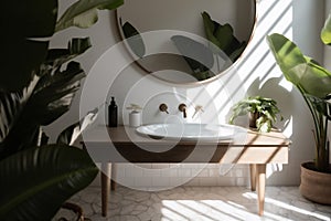 sink white design counter tropical green home leaf interior bathroom clean. Generative AI.