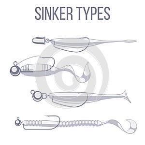 Sinker types with offset hooks and jigs with soft plastic bait lures.