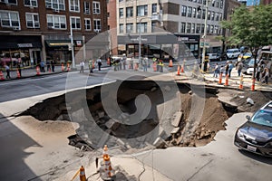 a sinkhole on a busy city street, with traffic and pedestrians around