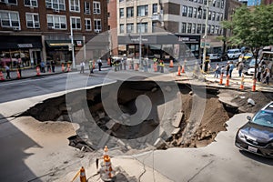 a sinkhole on a busy city street, with traffic and pedestrians around photo