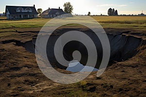 sinkhole in a farm field, disrupting crop rows