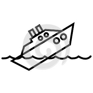 Sinking ship thin line icon, disaster and water, boat catastrophe sign, vector graphics, a linear pattern on a white background