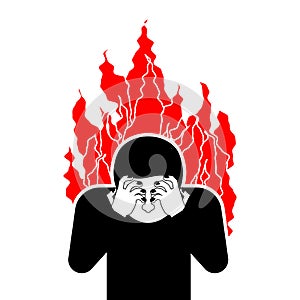 Sinner on fire. OMG. Cover face with hands. Despair