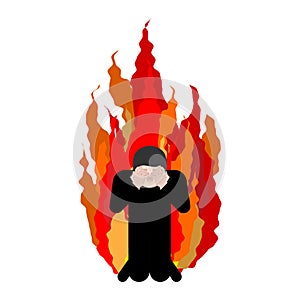 Sinner on fire. OMG. Cover face with hands. Despair and suffering. Hell fire. Vector illustration