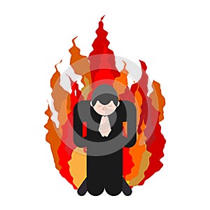 Sinner on fire. OMG. Cover face with hands. Despair and suffering. Hell fire. Vector illustration