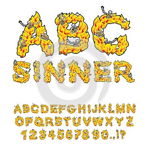 Sinner font. Letters from flames. Skeletons in hell fire. Hellfire and bones. Cries of sinners. hellish ABC. fiery Alphabet