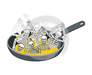 Sinner fry in pan. Skeleton in boiler. Cook sinners in oil. Religion illustration. Hell symbol. Hells torments