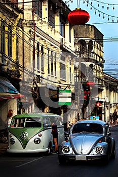 Sino-Portuguese architecture of ancient building with classic car, Phuket town , Thailand
