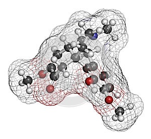 Sinomenine herbal alkaloid molecule. Isolated from Sinomenium acutum. 3D rendering. Atoms are represented as spheres with