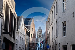 Sint Servaasbasiliek, or basilica of Saint Servatius, a roman catholic church in Maastricht, Netherlands, seen from the narrow