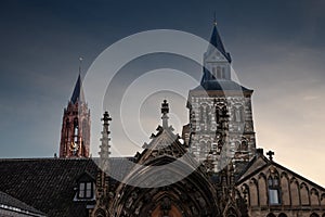 Sint Servaasbasiliek, or basilica of Saint Servatius, a roman catholic church in Maastricht, Netherlands, on a sunny sunset at